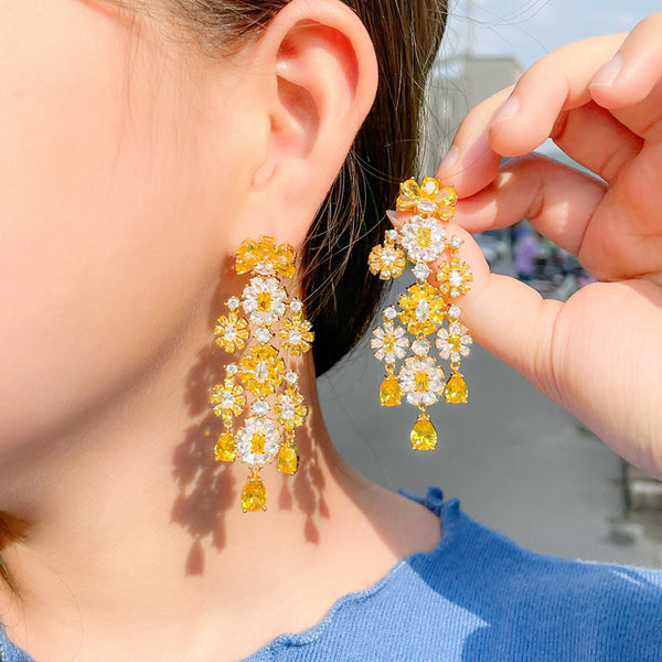 Yellow Druzy CZ White Gold Color Long Dangling Flower Engagement Party Drop Earrings