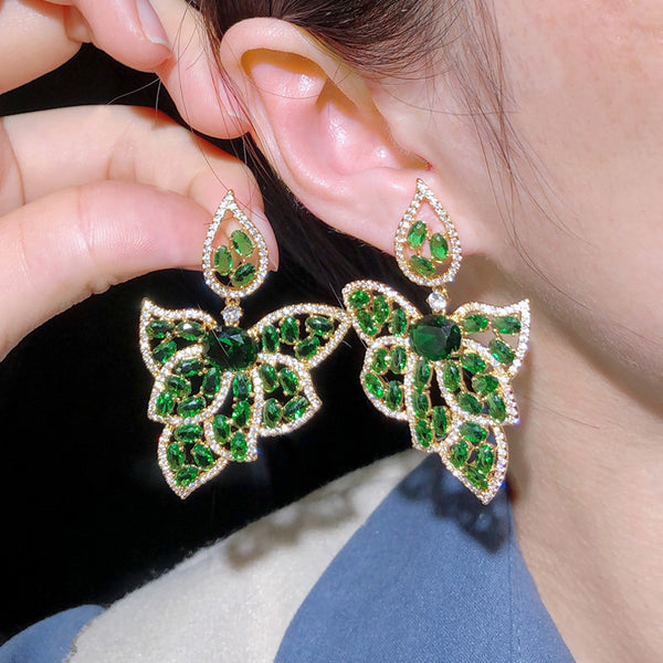 18K Emerald Green Big Leaf Drop Earrings