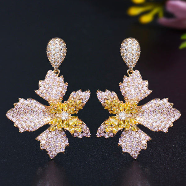 Vogue White Cubic Zirconia Topaz  3 Tone Gold Big Long Drop Leaf Shape  Earrings