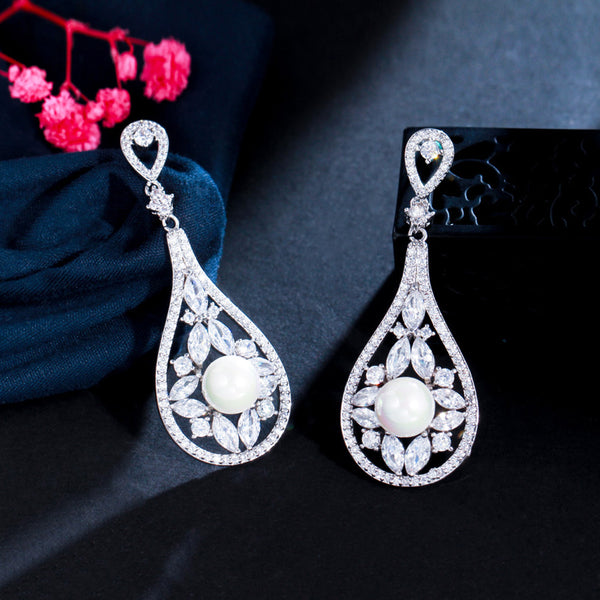 White Cubic Zirconia Wedding Banquet Party Long Dangle Drop Pearl Earring