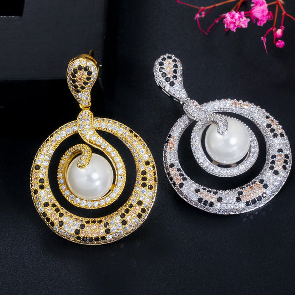 18K Gold Color Snake Pattern Big Round Shape Pearl Drop Earrings