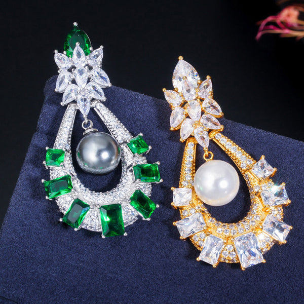 Vintage Style Green CZ Grey Pearl Long Drop Hangling   Earrings