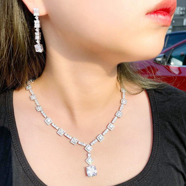 White Cubic Zirconia Long Dangle Square Shape Link Pendant Necklace and Earrings Sets