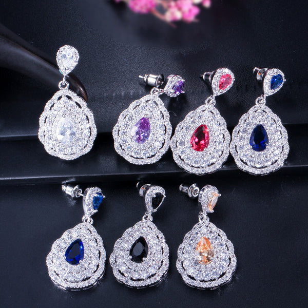 White Gold 3 Pieces Big Pear Cut Drop Crystal Stone Jewelry Sets