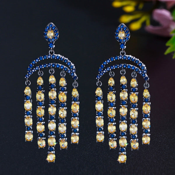 Yellow Blue CZ Zircon Wind Bell Long Tassel Pendant Drop Earring for Women