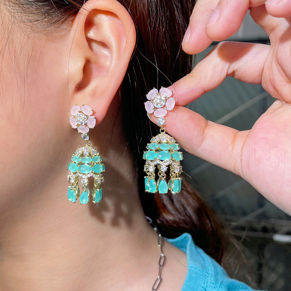 Vintage Wind-Bell CZ Crystal Pink Flower Long Tassel Light Blue Water Drop Earings