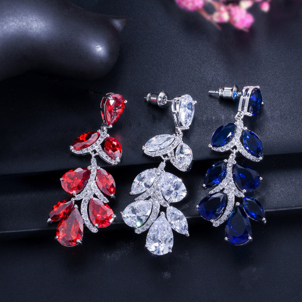 3 Color Red Cubic Zirconia Crystal Long Leaf Shape Hanging Drop Bridal Earrings