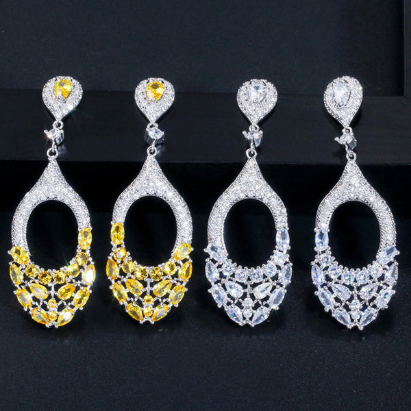 White Cubic Zirconia Bohemian Hollow Cut Long Big Round Drop Hanging Earrings