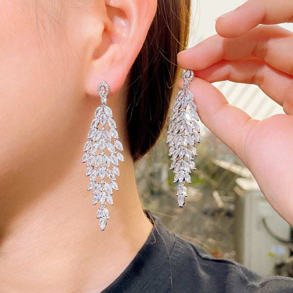 White Cubic Zirconia Silver Plated Long Leaf Shape Drop Dangle Earrings for Women