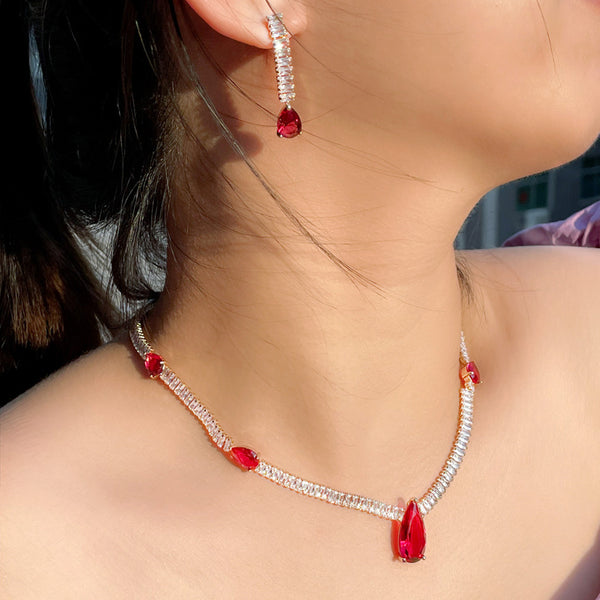 Vintage Red Cubic Zirconia Water Drop Charm Choker Necklace and Earrings Jewelry Sets