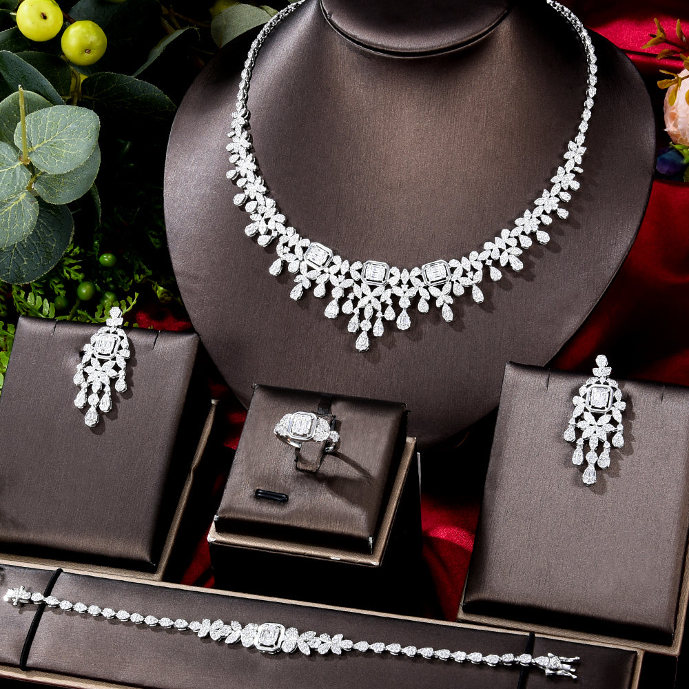 Elegant Double Layers CZ Tennis Necklace 4PCS Bridal Jewelry Set