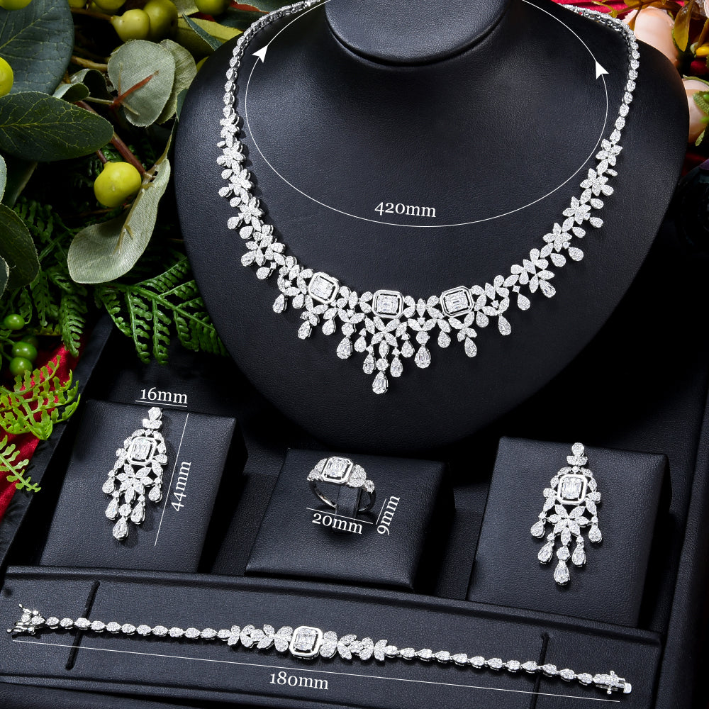 Elegant Double Layers CZ Tennis Necklace 4PCS Bridal Jewelry Set