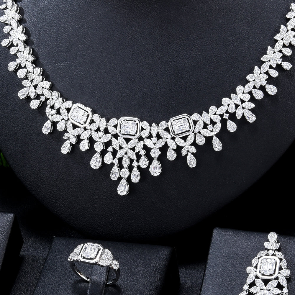 Elegant Double Layers CZ Tennis Necklace 4PCS Bridal Jewelry Set