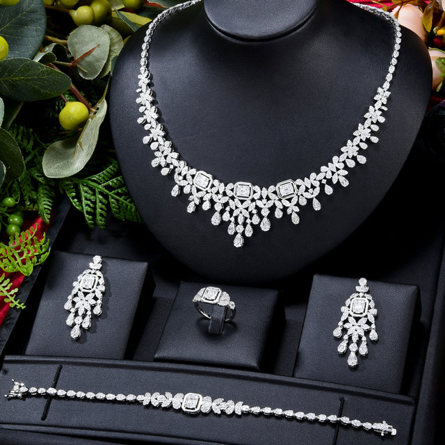 Elegant Double Layers CZ Tennis Necklace 4PCS Bridal Jewelry Set