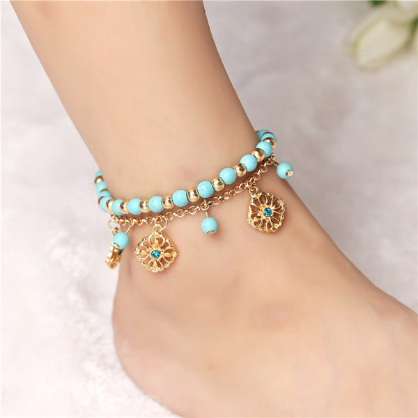 2 Pcs Set Beads Flower Pendant Beach Anklets for Women