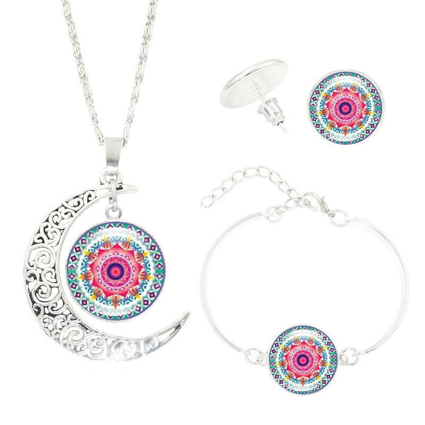 Mandala Flower Moon Glass Time Gem Necklace Set