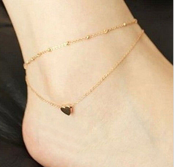 Sexy Gold Tone Love Heart Ankle  Bracelet Double Layer Chain Foot Anklet