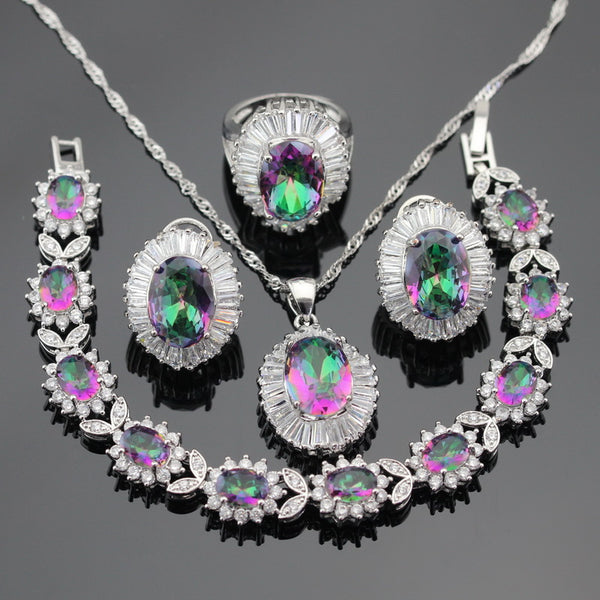 Multicolor Rainbow Crystal Necklace Pendant Bracelets Earrings Rings Jewelry Sets