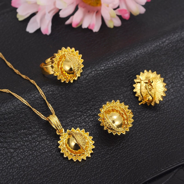 Ethiopian Gold Color Necklace Pendant Earrings Ring