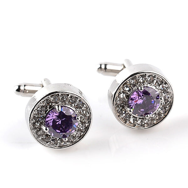 Men White Purple Enamel Crystal Cufflinks