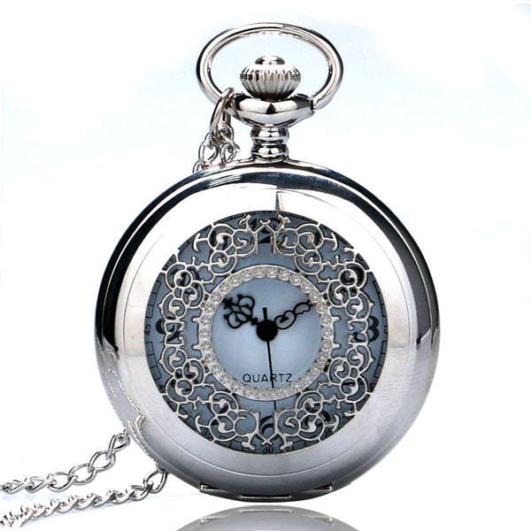 Vintage Pendant with Silver Quartz Necklace Chain Pocketwatch