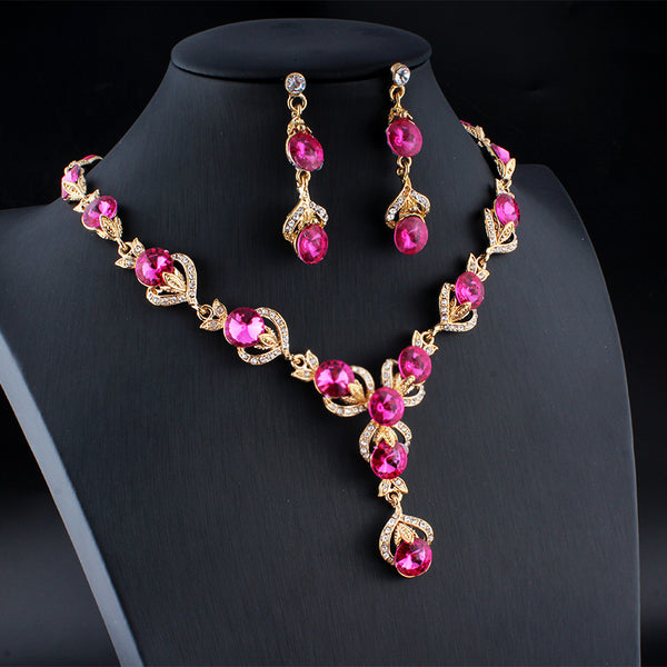 Classic Red Crystal Necklace Earrings Jewelry Set