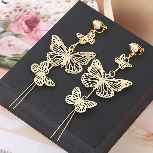 3 Butterfly Shape Tassel Clip on Earrings Wihtout Piercing for Women