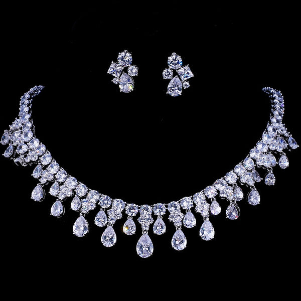 White  Gold Color Cubic Zirconia Bridal Wedding Necklace And Earring Sets