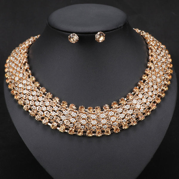 Vintage Choker Collar Gold Color Chain Crystal Necklace Earrings Jewelry Sets