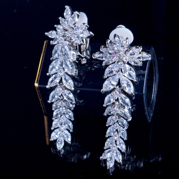 Zircons Long Leaf Drop Clip On Ear Non Pierced Earrings