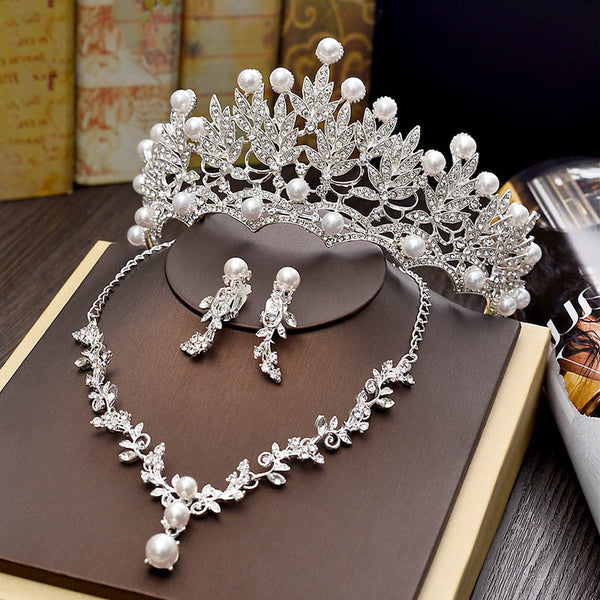 Wedding Tiara Necklace Earrings Simulated Pearl Hair Jewelry Sets