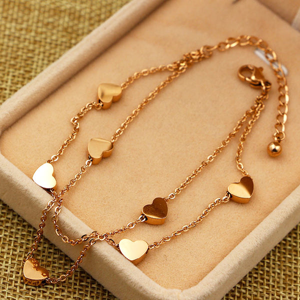 Super Lovely Seven Hearts Rose Gold Double Chain Anklet