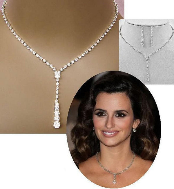 Fashion Inspired Celebrity Style Crystal Long Drop Necklace Earrings Set