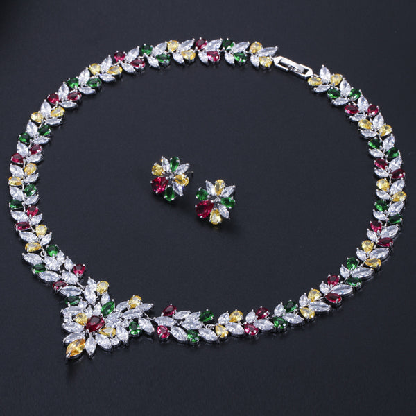 Multicolored Cubic Zirconia Crystal Choker Wedding Necklace Bridal Jewelry Sets