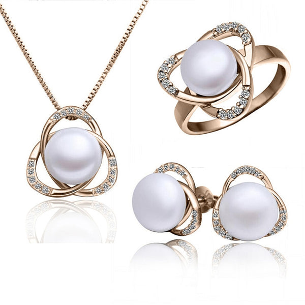 crystal women freshwater Pearl triangle pendant Jewelry Sets