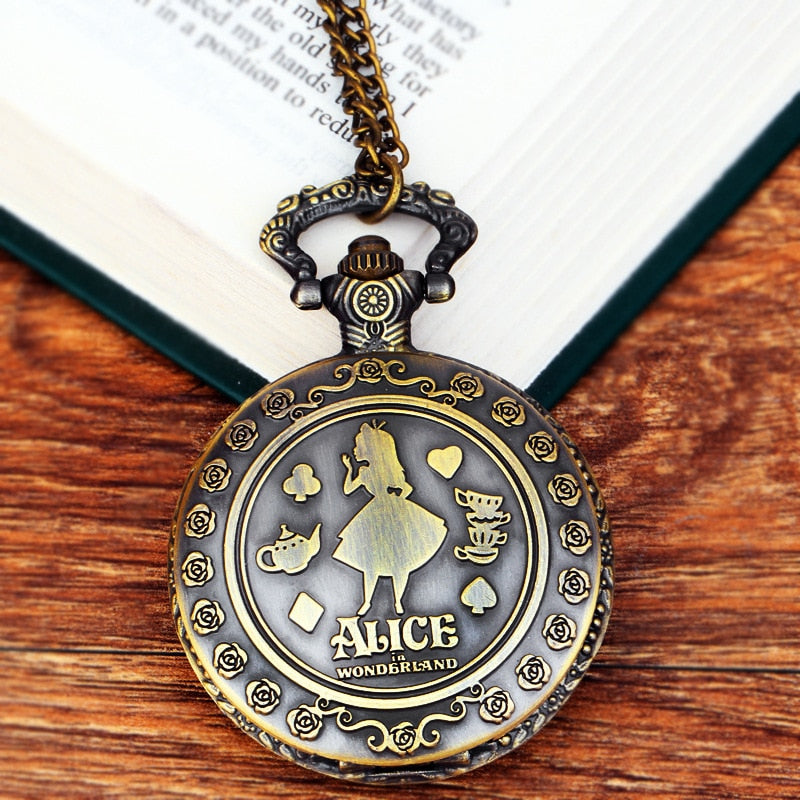 Retro Alice in Wonderland Theme Bronze Quartz Pocket Watches