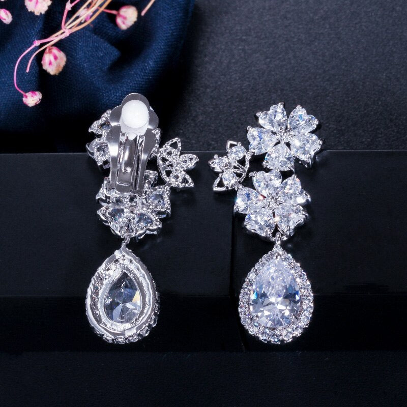 Zircons Elegant Flower Cubic Zirconia Crystal Clip On Earings