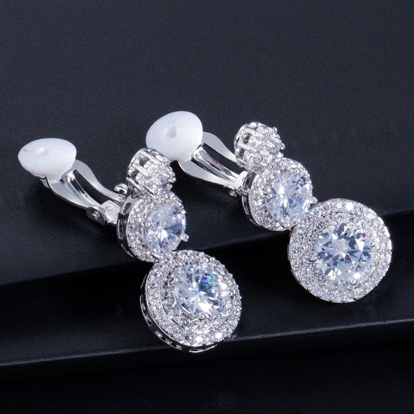 Zircons Clip on Ear Round Drop Cubic Zirconia Non Pierced Earrings