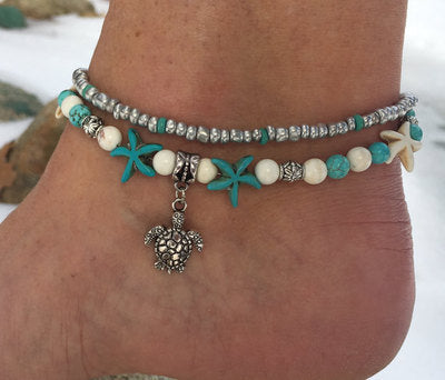 Boho Beach Turtle Starfish Multi Layer Beads Charm Anklets For Women