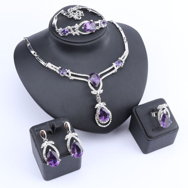 Women Gold Color Purple Zircon Crystal African Beads Necklace Jewelry Set