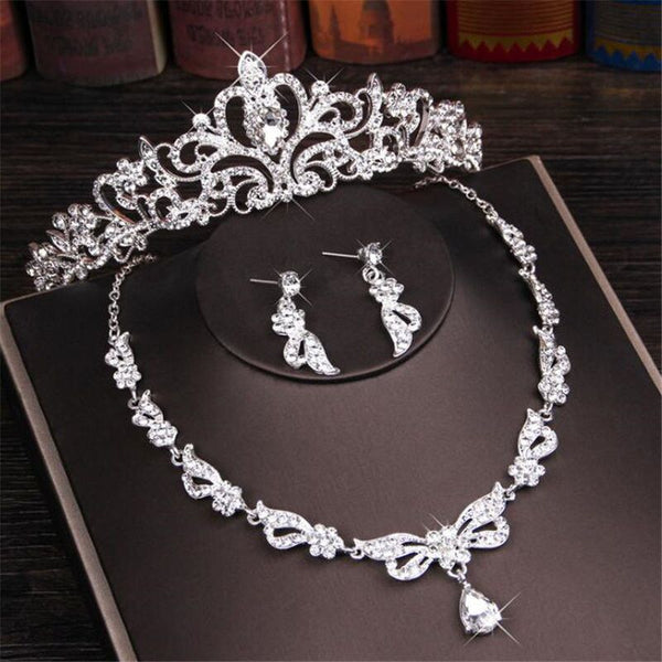 Luxury Crystal Rhinestone Crown Necklace Earring Jewelry Sets