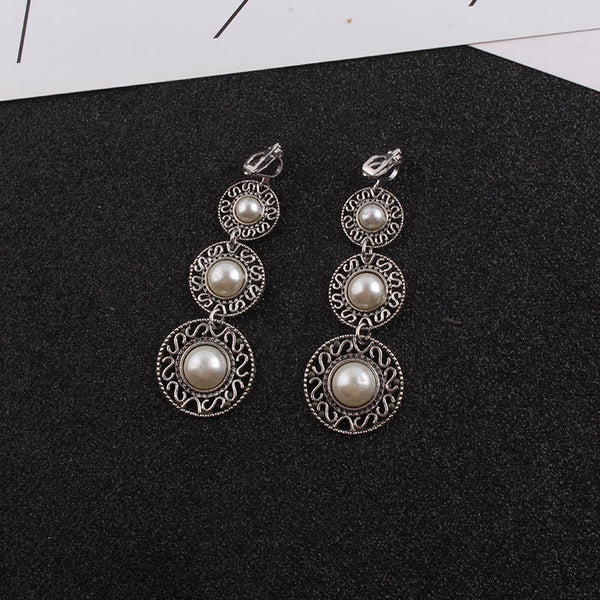 Vintage Pearl Clip on Earring For Women Sliver Color Long Earring