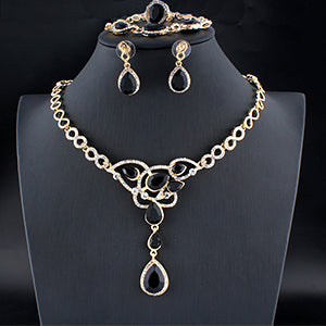 Gold Color Jewelry Set Black Necklace Earrings Evening Jewelry Set