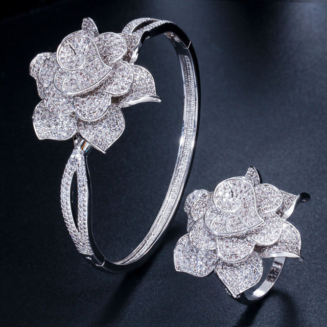 African AAA+ Cubic Zirconia Big Flower Shape Bangle Sets