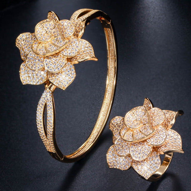 African AAA+ Cubic Zirconia Big Flower Shape Bangle Sets