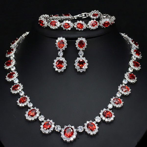 Sparkling Round Cubic Zirconia Luxury Big Bridal Red Necklace Earring Bracelet Set