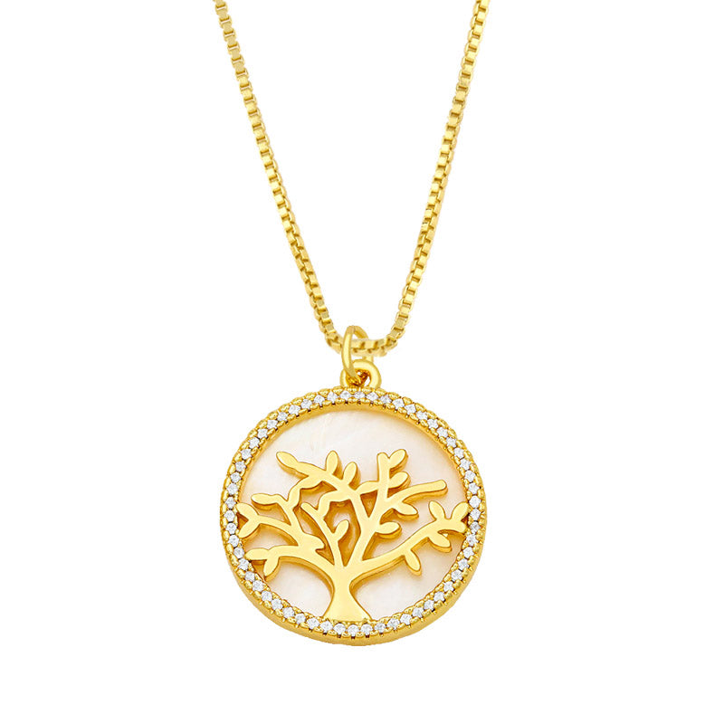 Shell Round Double Heart Necklace For Women Gold Plated Tree Of Life Pendant Necklace