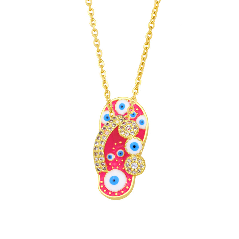 CZ Pave Rhinestone Enamel Slipper Necklace For Women Blue Evil Eye Pendant Necklace