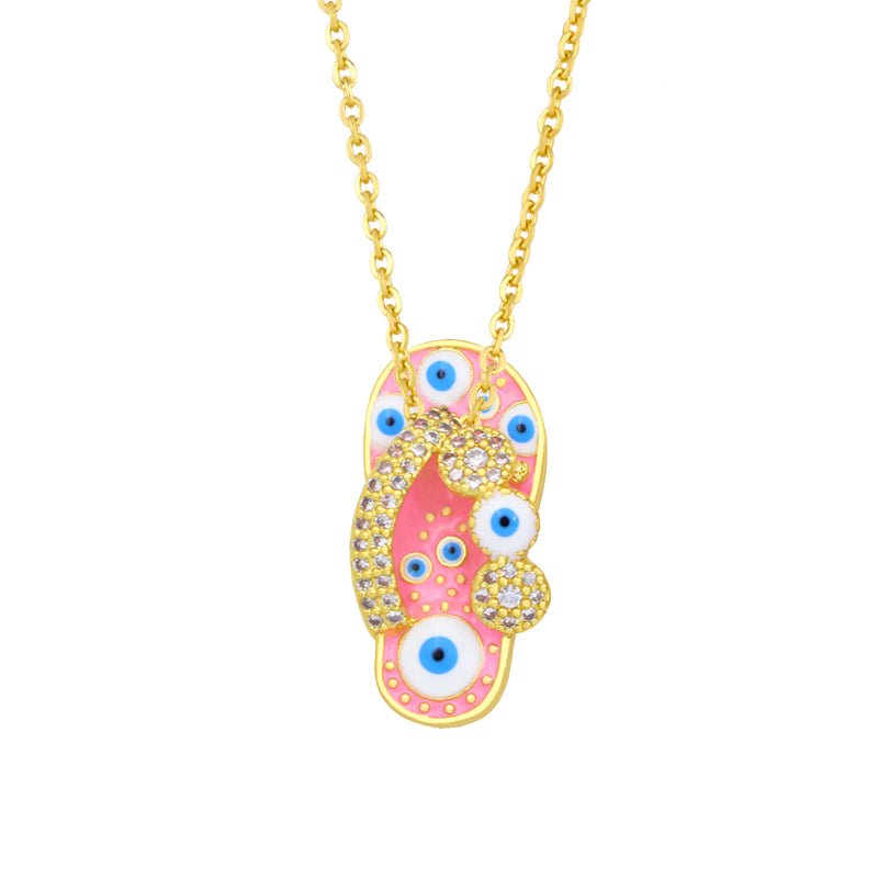 CZ Pave Rhinestone Enamel Slipper Necklace For Women Blue Evil Eye Pendant Necklace