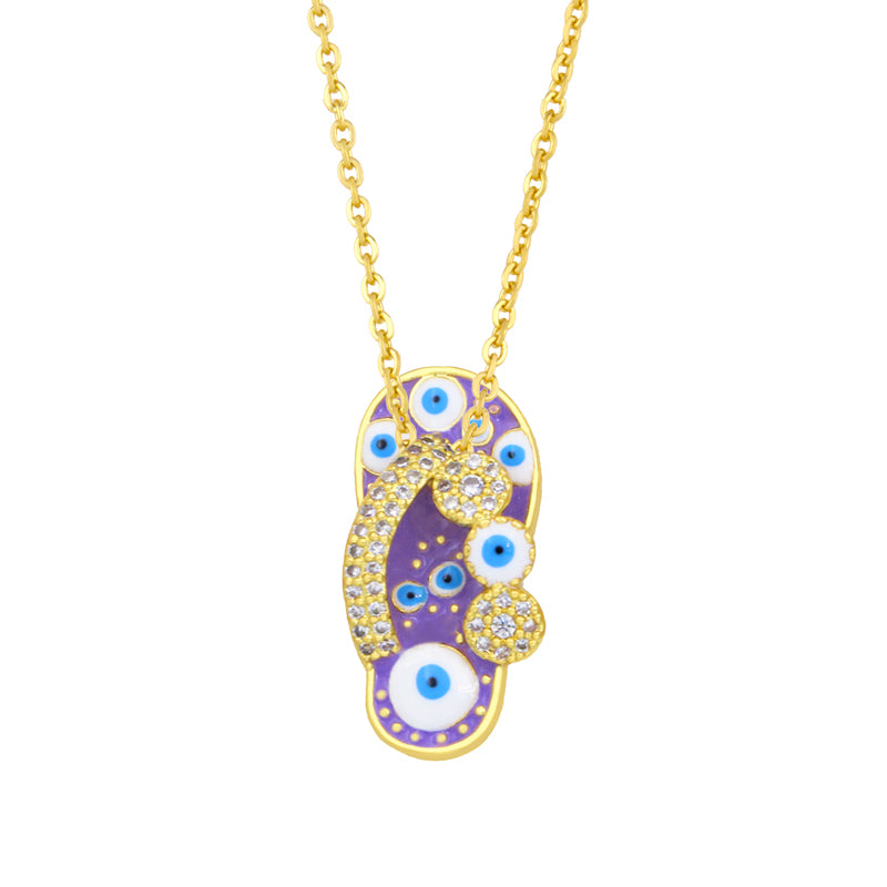 CZ Pave Rhinestone Enamel Slipper Necklace For Women Blue Evil Eye Pendant Necklace